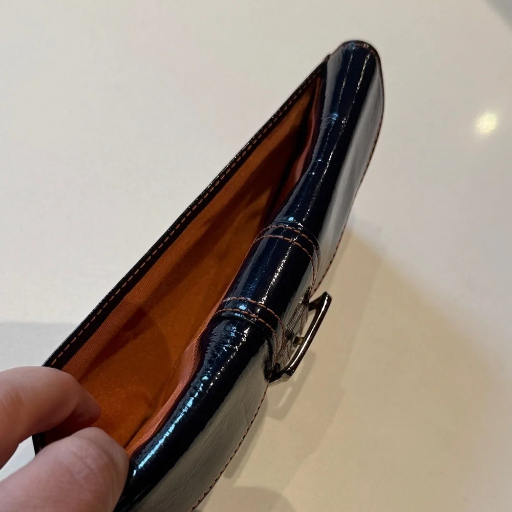 L. Erickson Trifold Envelope Style Patent Leather Black Clutch with Buckle